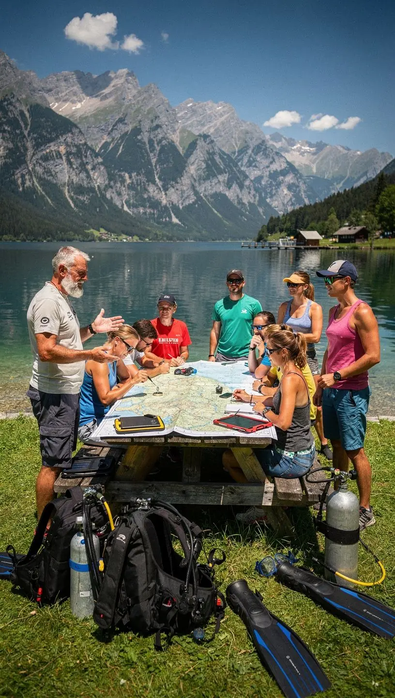 Ein Taucherteam führt Sicherheitsübungen unter Wasser durch.