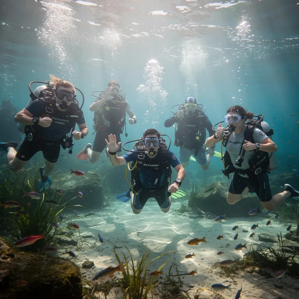 Eine Gruppe von Tauchern lernt gemeinsam wichtige Rettungstechniken während eines Kurses.