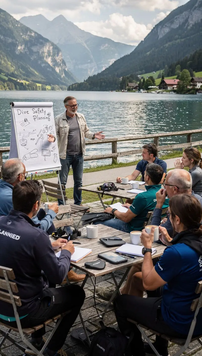 Eine Gruppe von Tauchern lernt gemeinsam wichtige Rettungstechniken während eines Kurses.