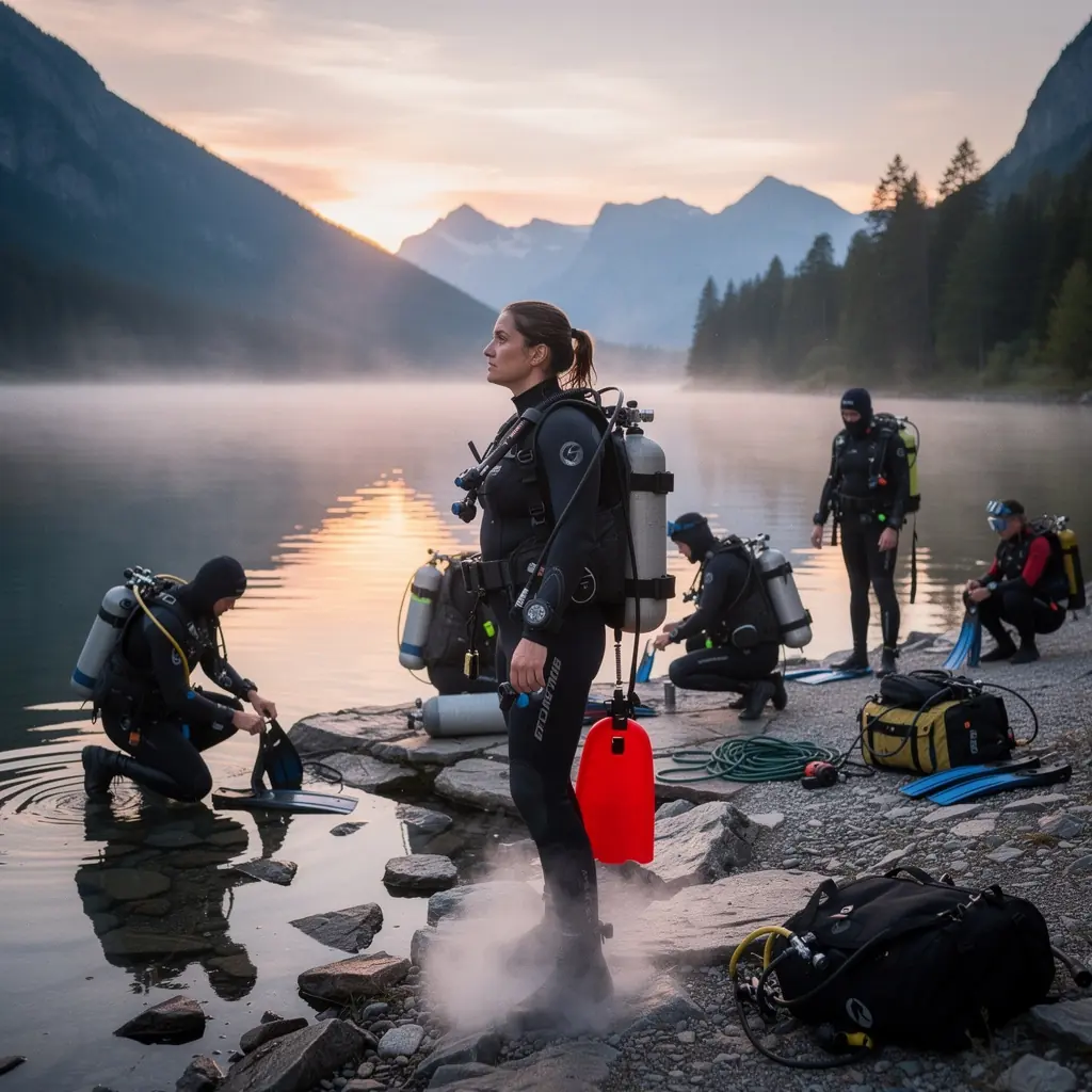 Eine Gruppe von Tauchern lernt gemeinsam wichtige Rettungstechniken während eines Kurses.