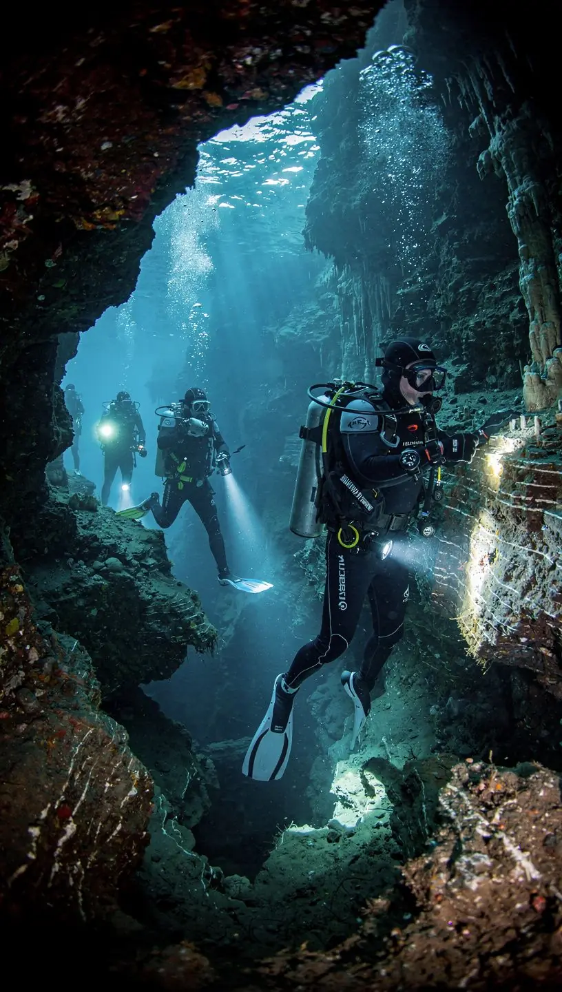 Ein Taucher in voller Ausrüstung übt das Flossenschwimmen in einem klaren, blauen Gewässer.
